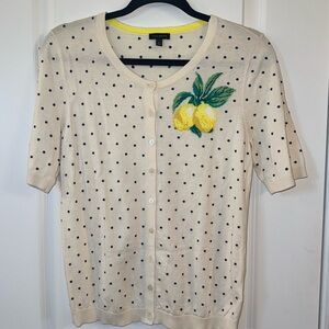 Talbots Preppy Old Money Lemon Cream Cardigan with Navy Polka Dots- (small)